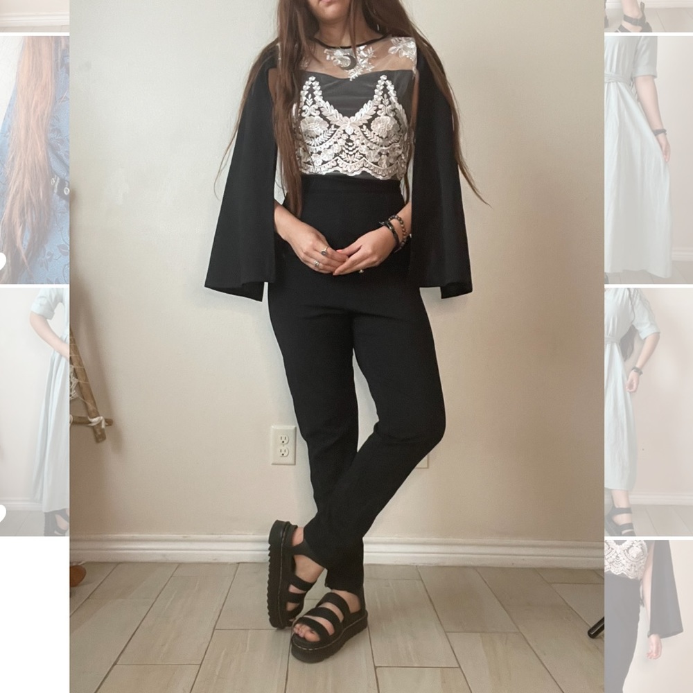 Elegant Black & White Jumpsuit W/Cape Sleeves